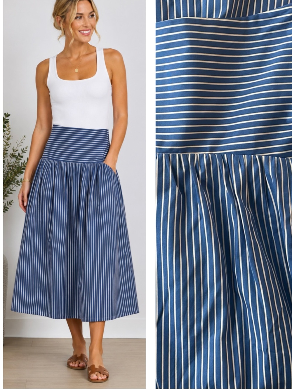 CAARA French Blue White Striped Midi Skirt High Waist Full A-Line Cotton NWT 4